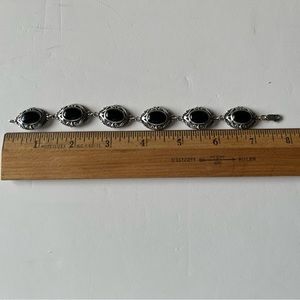 Vintage Sterling Silver Bracelet with (6) Onyx in Silver Cabochons - Marked 925
